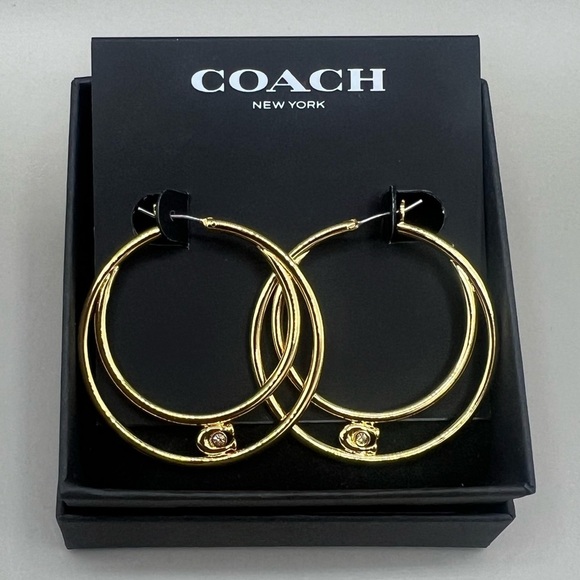 COACH Signature Double Hoop Logo Gold-Tone Earrings withh Cubic Zirconia Stones - Picture 1 of 6